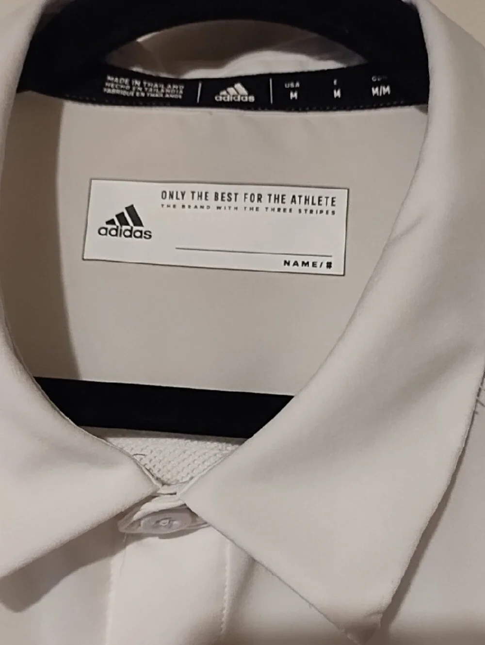 adidas EUC Medium AeroReady White Short-Sleeve Button Shirt with Black Logo.
